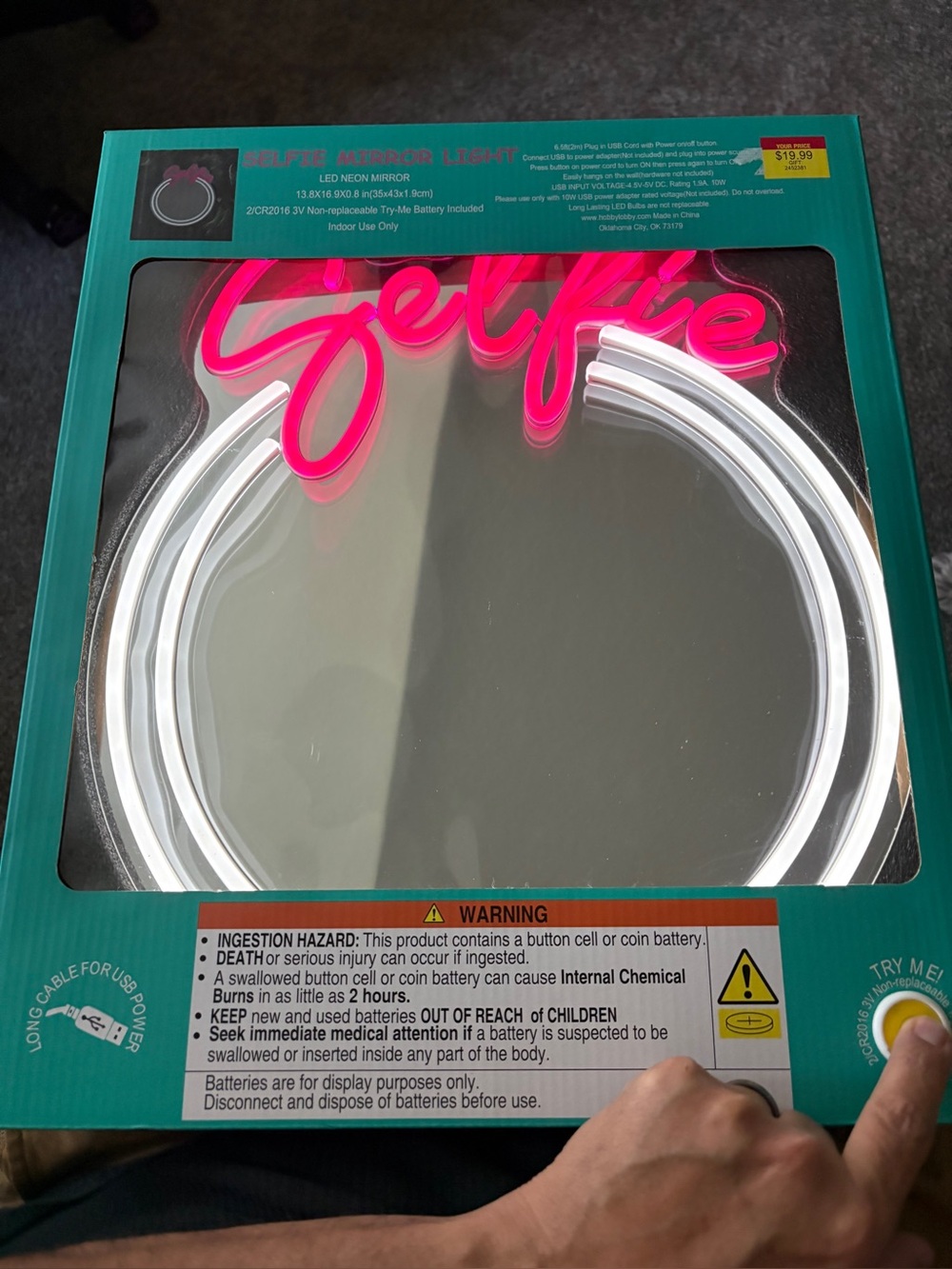 Round Wall Mirror with Pink 'Selfie' Neon Accent